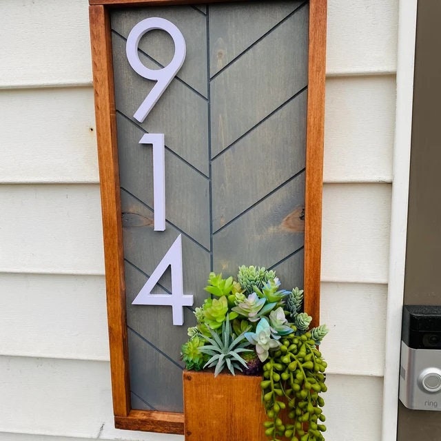 Cresswell Planter House Number Sign, Stunning Vertical Address Sign with a Built-in Wood Address Sign Planter, Unique Succulent Planter