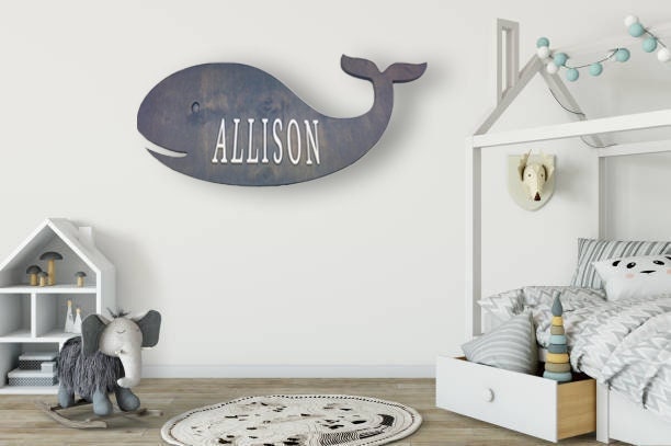 XL Whale Adorable Baby Girl Name Wall Art - Ocean Themed Nursery Decor - Customizable Wood Print